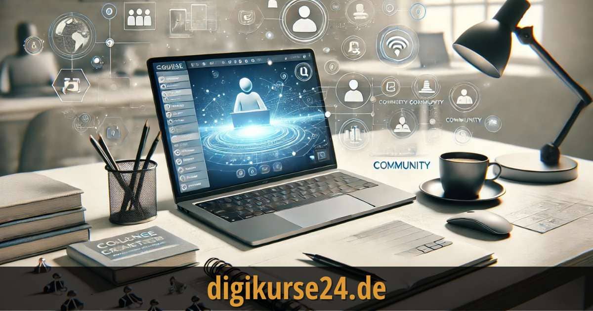 Professionelle Online-Kurs-Erstellung mit Mentortools – Modernes und effektives Arbeiten Ein moderner Arbeitsplatz mit einem Laptop, auf dem die Plattform Mentortools zur Erstellung von Online-Kursen und Mitgliederbereichen dargestellt wird, umgeben von einer produktiven und einladenden Arbeitsumgebung.