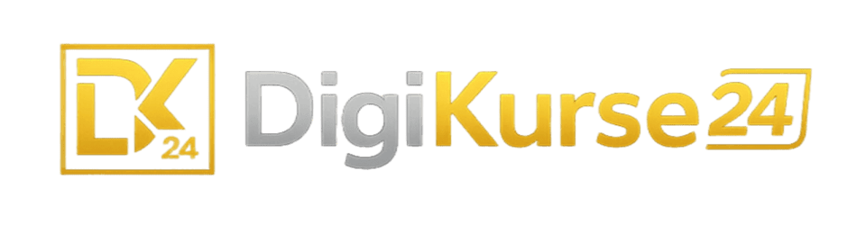 Logo von DigiKurse24: Die Buchstaben DK24 in einem goldenen Quadrat neben dem Schriftzug DigiKurse24 in Silber und Gold.