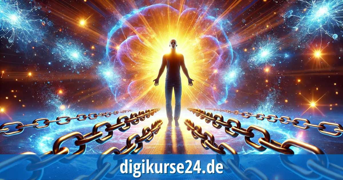 Eine Person steht im Zentrum eines leuchtenden Energiefeldes, umgeben von zerbrechenden Ketten, die symbolisch die Befreiung von blockierenden Energien darstellen. Das strahlende Licht und die kosmischen Farben vermitteln die transformative Kraft des Masterteaching Ultra Protection, das für energetische Freiheit und Schutz steht.