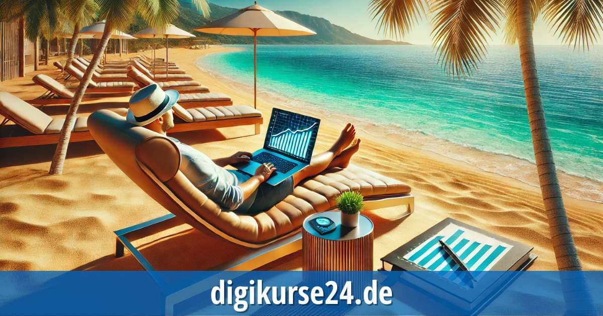 Entspanntes Arbeiten mit ExklusivBiz: Dein Weg zum passiven Einkommen am Strand Eine Person entspannt auf einer luxuriösen Strandliege mit einem Laptop auf dem Schoß. Im Hintergrund türkisblaues Meer, Palmen und goldener Sand. Der Laptop zeigt Diagramme für finanzielle Erfolge, symbolisch für das ExklusivBiz-System für passives Einkommen und digitalen Erfolg.