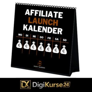 Affiliate Launch Kalender Produktbild im 1:1 Format mit schwarzem Tischkalender, Wochenübersicht und Euro-Symbolen zur Visualisierung von Launch-Provisionen