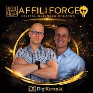 Titelbild im 1:1 Format für Affiliforge mit Michael Schlinder und Kevin Brauner vor dunklem Hintergrund mit goldenen Designelementen, Markenlogo und Schriftzug „Digital Business Creator“.