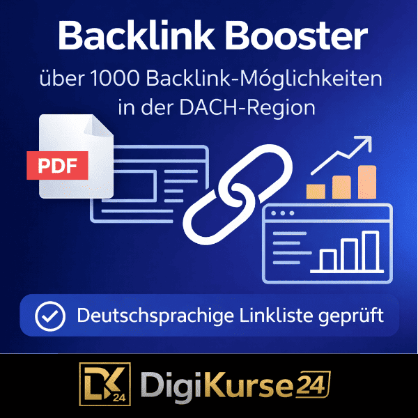 Backlink Booster Erfahrungen - Backlink Booster PDF mit über 1000 getesteten Backlink-Möglichkeiten für die DACH-Region, dargestellt als SEO-Grafik mit Link-Symbol, PDF-Icon und Ranking-Chart