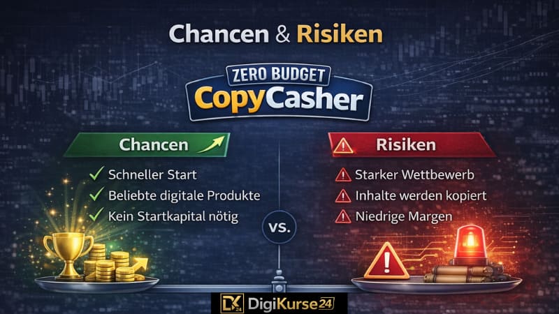 Infografik zur Analyse von Chancen und Risiken des Zero Budget CopyCasher Systems mit Gegenüberstellung von Vorteilen wie niedrigem Einstieg und Weiterverkaufsrechten sowie Risiken wie Wettbewerb und Margendruck.