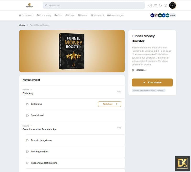 Funnel Money Booster – Analyse des automatisierten Affiliate-Systems 1 Funnel Money Booster - Das Bild zeigt einen Screenshot des Mitgliederbereiches mit einer Kurzübersicht einiger Inhalte