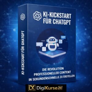 Quadratisches Titelbild des Online-Kurses „KI Kickstart für ChatGPT“, blaues 3D-Produktbox-Design mit ChatGPT-Logo, stilisiertem Roboter auf Tablet und digitalem Technologie-Hintergrund, professionelles KI-Marketing-Motiv im 1:1-Format.