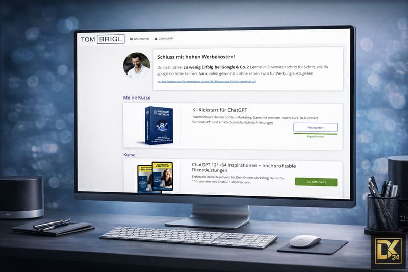 KI Kickstart für ChatGPT Erfahrungen 1 Screenshot des Mitgliederbereichs vom Kurs „KI Kickstart für ChatGPT“ mit Kursübersicht, Modulansicht und Dashboard-Navigation, authentischer Einblick in die Kursplattform zur ChatGPT-Marketing-Schulung.