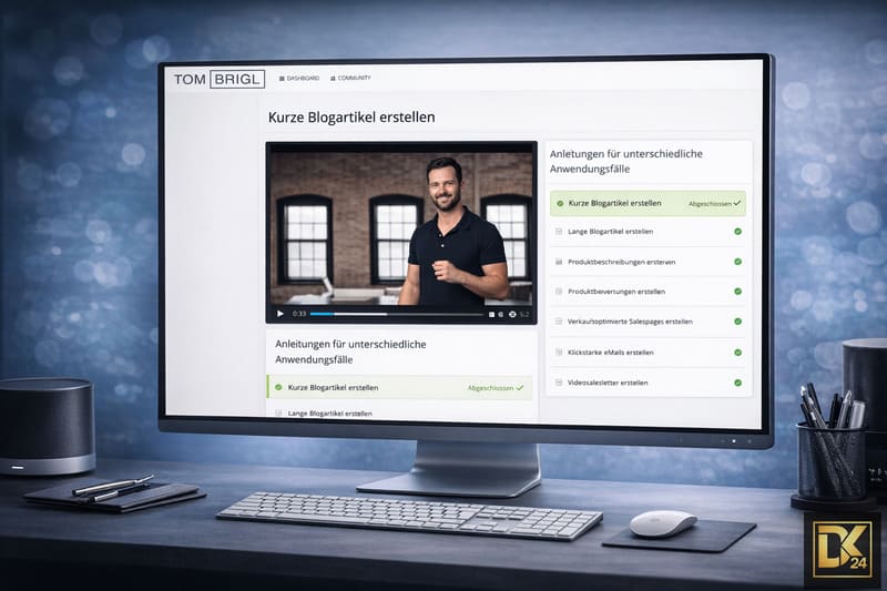 KI Kickstart für ChatGPT Erfahrungen 2 16:9 Mockup eines Desktop-Monitors mit geöffneter Videolektion aus dem Kurs „KI Kickstart für ChatGPT“, sichtbar ist das Modul „Kurze Blogartikel erstellen“ im Mitgliederbereich mit Fortschrittsanzeige und Kursnavigation.