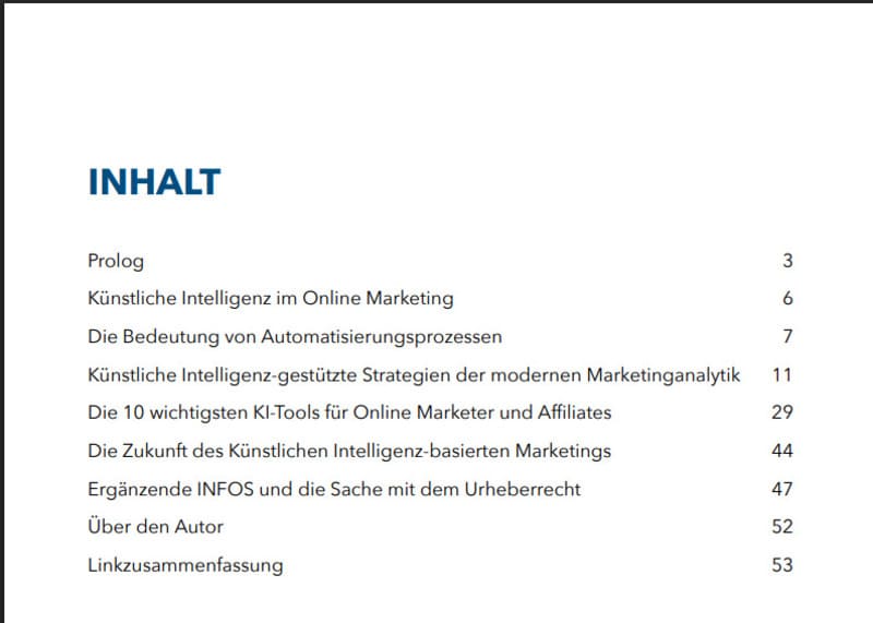 KI Masterplan Erfahrungen 2 Inhaltsverzeichnis des KI Masterplan eBooks mit Übersicht der wichtigsten KI-Tools für Online-Marketer