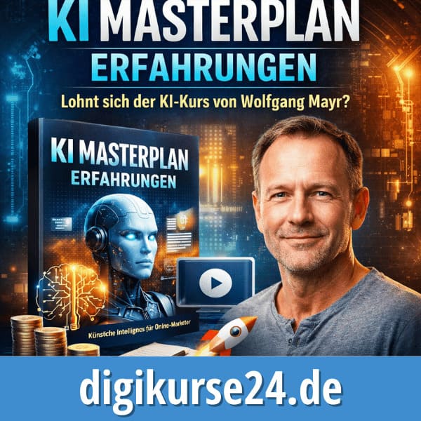 KI Masterplan Erfahrungen – Beitragsbild mit Wolfgang Mayr, KI-Visualisierung und Hinweis auf den Onlinekurs für künstliche Intelligenz im Online-Marketing