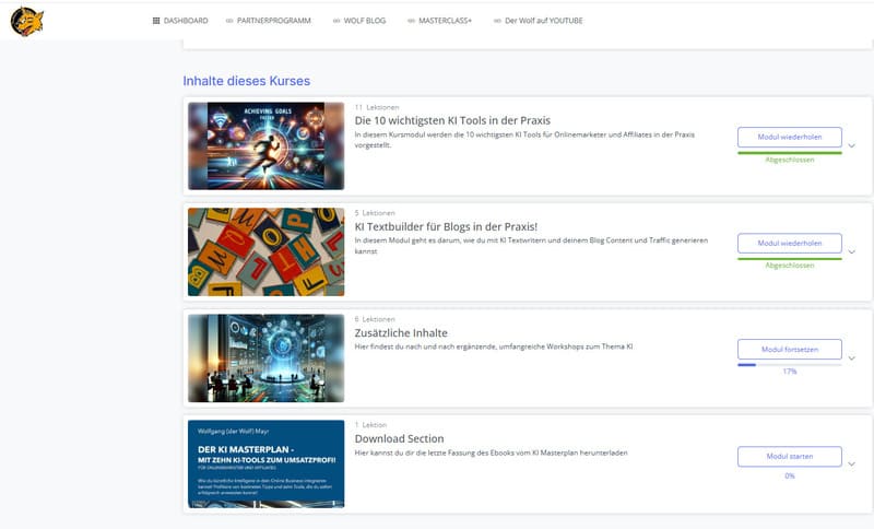 KI Masterplan Erfahrungen 1 KI Masterplan Erfahrungen - Kursstruktur des KI Masterplan mit 4 Modulen und 23 Kapiteln zu KI-Tools im Online-Marketing