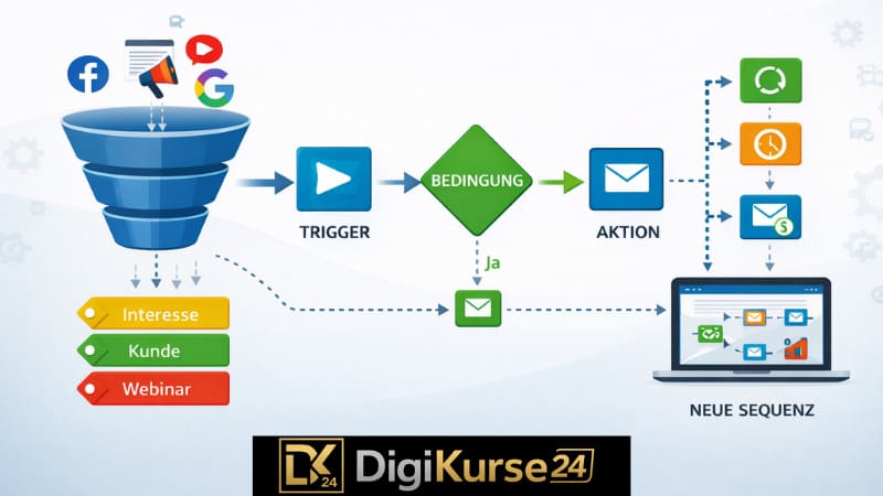 KlickTipp Automations-Flow mit Trigger, Bedingungen, Aktionen und dynamischer E-Mail-Sequenz im Marketing-Automation-System