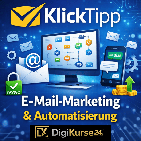 Klick Tipp E-Mail-Marketing Software mit Automatisierung, Tagging-System, DSGVO-Symbol und Marketing-Workflow-Darstellung