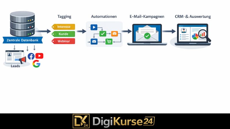 KlickTipp System-Architektur mit zentraler Datenbank, Tagging, Automationen, E-Mail-Kampagnen und CRM-Auswertung