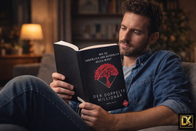 Der doppelte Millionär - Buch von Marc Galal 2 Mann liest das Buch „Der doppelte Millionär – Wie Du innerlich und äußerlich reich wirst“ von Marc Galal in einer gemütlichen Wohnumgebung, das schwarze Hardcover mit rotem Baum-Symbol ist frontal sichtbar, warme Beleuchtung, ruhige Atmosphäre, Persönlichkeitsentwicklungs-Kontext.
