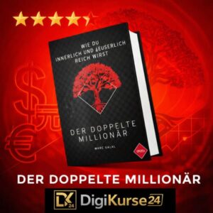 Quadratisches SEO-Titelbild des Buches „Der doppelte Millionär – Wie Du innerlich und äußerlich reich wirst“ von Marc Galal, schwarzes Hardcover mit rotem Baum-Symbol im Diamant-Rahmen, roter Hintergrund mit dezenten Finanzsymbolen und stilisiertem Baum, professionelle Darstellung für Persönlichkeitsentwicklungs-Analyse.