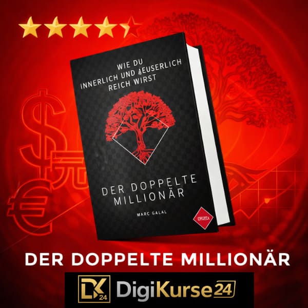 Quadratisches SEO-Titelbild des Buches „Der doppelte Millionär – Wie Du innerlich und äußerlich reich wirst“ von Marc Galal, schwarzes Hardcover mit rotem Baum-Symbol im Diamant-Rahmen, roter Hintergrund mit dezenten Finanzsymbolen und stilisiertem Baum, professionelle Darstellung für Persönlichkeitsentwicklungs-Analyse.