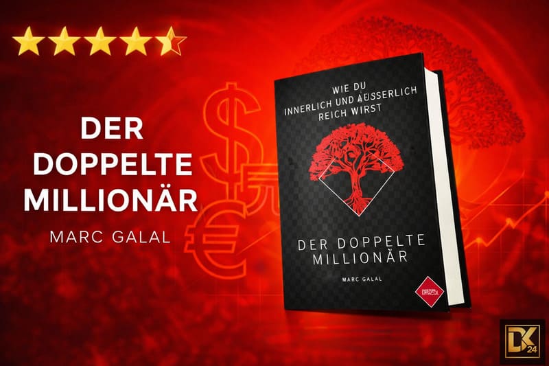 Der doppelte Millionär - Buch von Marc Galal 1 Buch „Der doppelte Millionär – Wie Du innerlich und äußerlich reich wirst“ von Marc Galal vor rotem Hintergrund mit stilisiertem Baum, Finanzsymbolen und aufsteigender Grafik, modernes 16:9-Business-Motiv zur Visualisierung von innerem und äußerem Reichtum.