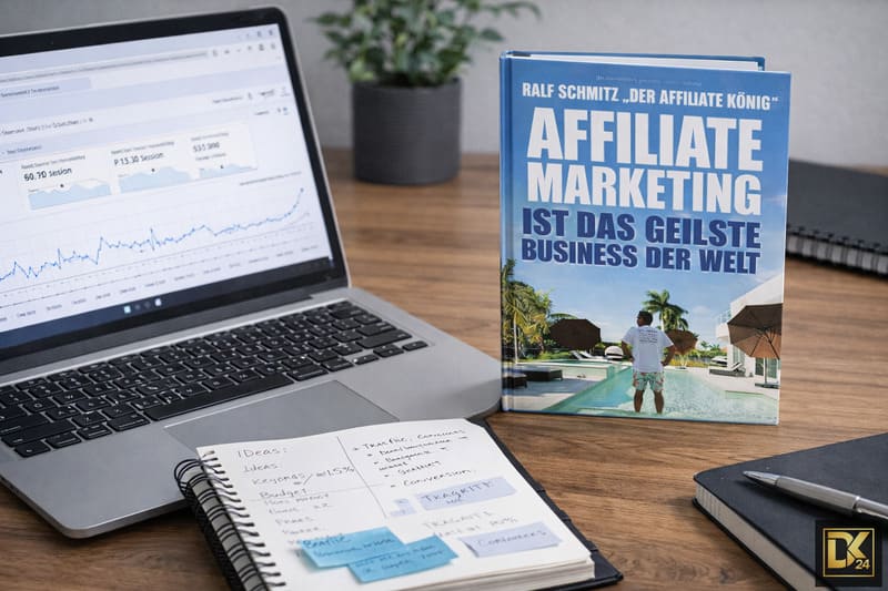 Hardcover-Buch „Affiliate Marketing ist das geilste Business der Welt“ von Ralf Schmitz auf einem modernen Schreibtisch neben Laptop mit Analytics-Dashboard, Notizbuch mit Strategie-Notizen und Stift, professionelle Homeoffice-Umgebung, Affiliate-Marketing-Arbeitsplatz.