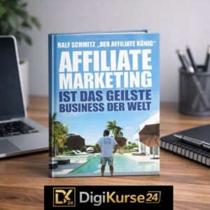 Quadratisches Titelbild des Affiliate Marketing Buch „Affiliate Marketing ist das geilste Business der Welt“ von Ralf Schmitz, Original-Cover mit blauem Design und Pool-Szene, fotografiert in einem modernen Business-Umfeld mit Laptop und Notizbuch auf einem Holzschreibtisch, professionelles Licht, seriöse Darstellung.