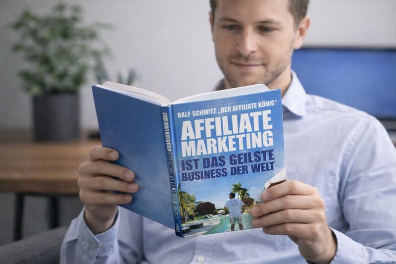 Mann liest das Affiliate Marketing Buch „Affiliate Marketing ist das geilste Business der Welt“ von Ralf Schmitz in einer modernen Homeoffice-Umgebung, das Original-Cover ist frontal sichtbar, natürliche Lesehaltung, Laptop und Pflanze im Hintergrund, professionelle Business-Atmosphäre.