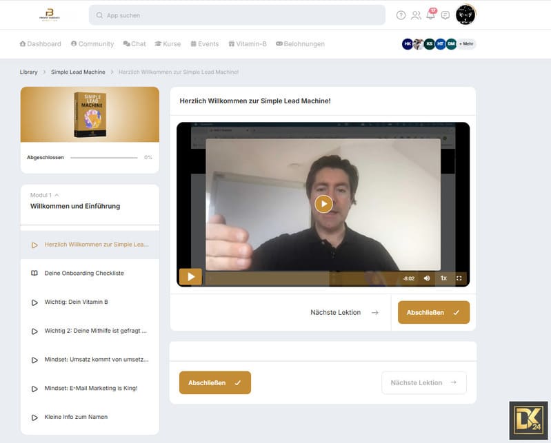 Simple Lead Machine Erfahrungen 1 Simple Lead Machine Erfahrungen – Screenshot des Mitgliederbereichs mit Video-Modul, Onboarding-Checkliste und Kursstruktur