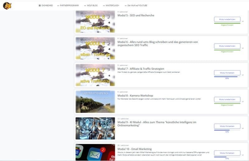 Übersicht der Module 5 bis 10 im Wolf Masterclass Super Affiliate Kurs mit Themen wie SEO, Blogaufbau, Affiliate-Strategien, KI und E-Mail-Marketing
