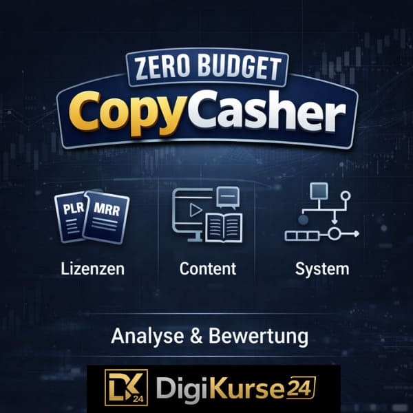 Titelbild zur Analyse des Zero Budget CopyCasher Systems auf Digikurse24 mit dunklem Business-Hintergrund, Produktname im Fokus sowie grafischer Darstellung von PLR/MRR-Lizenzen, Content-Modulen und Systemstruktur.