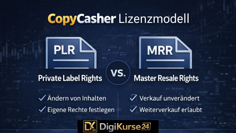 Infografik zum Lizenzmodell von Zero Budget CopyCasher mit Vergleich zwischen PLR (Private Label Rights) und MRR (Master Resale Rights), inklusive Darstellung von Änderungsrechten, Weiterverkaufsrechten und inhaltlicher Anpassbarkeit.