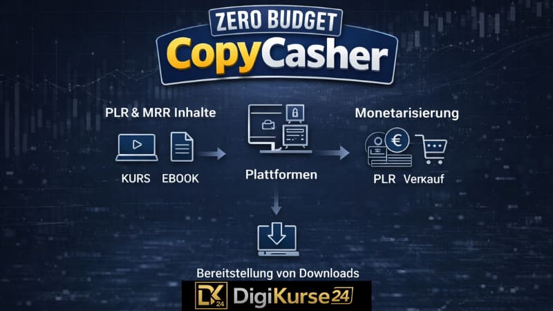 Infografik zur Systemstruktur von Zero Budget CopyCasher mit Darstellung von PLR- und MRR-Inhalten, Plattform-Einbindung sowie Monetarisierungsprozess über digitale Verkäufe und Downloads.