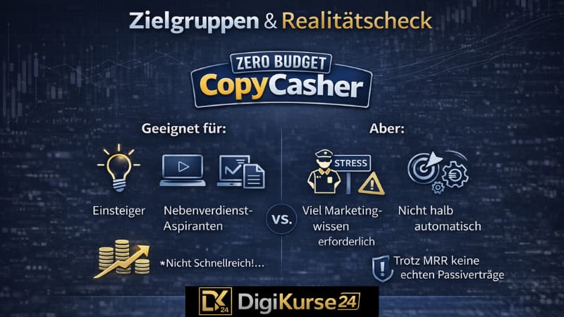 Infografik zur Zielgruppen-Einordnung des Zero Budget CopyCasher Systems mit Darstellung geeigneter Nutzergruppen wie Einsteiger und Nebenverdienst-Interessierte sowie Hinweisen auf erforderliches Marketingwissen und begrenzte Automatisierung.