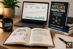 Visuelles Hero-Bild mit Affiliate Marketing Buch, digitalen Symbolen und Wachstumsdiagrammen für strategischen Aufbau eines Online Business.