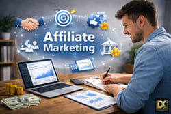 Ein Affiliate Marketing Kurs lehrt die technische Optimierung und Skalierung von Partnerprogrammen. Schwebende Icons für Zahnräder, Bankwesen und Netzwerke zeigen die Komplexität des Systems.