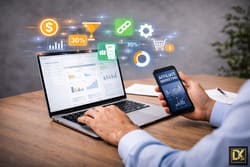 Laptop und Smartphone zeigen Dashboards für Affiliate Marketing Tools. Icons für Zahnräder, Dokumente und Charts verdeutlichen die technische Verwaltung von Partner-Netzwerken.