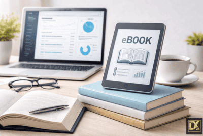 Arbeitsplatz mit Büchern, Tablet mit eBook-Anzeige und Laptop im Hintergrund, der Business-Daten zeigt – Symbol für Lernen, Wissen und digitale Inhalte