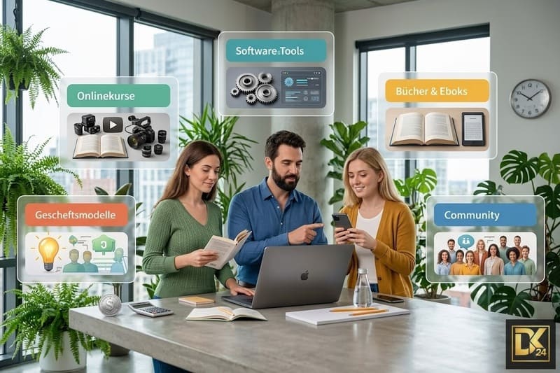 Ein fotorealistisches Team-Foto am Schreibtisch mit Laptop und Büchern, umgeben von schwebenden Informationsboxen zu Onlinekurse, Software & Tools, Bücher & Ebooks, Geschäftsmodelle und Community – Symbol für digitale Weiterbildung.