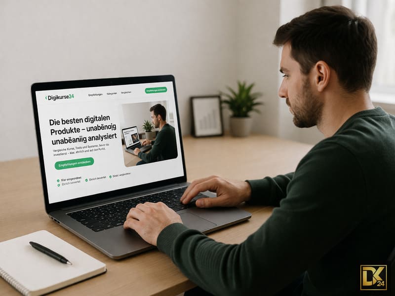 Person arbeitet am Laptop und vergleicht digitale Produkte, Online-Kurse und Tools auf einer übersichtlichen Analyseplattform