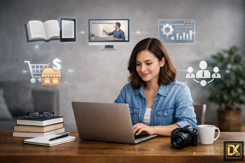 Eine Frau am Laptop plant ihre Affiliate-Systeme für Onlineshops. Über ihr schweben Icons für Warenkorb, E-Books und Verkaufsstatistiken – Symbole für erfolgreiches Empfehlungsmarketing.