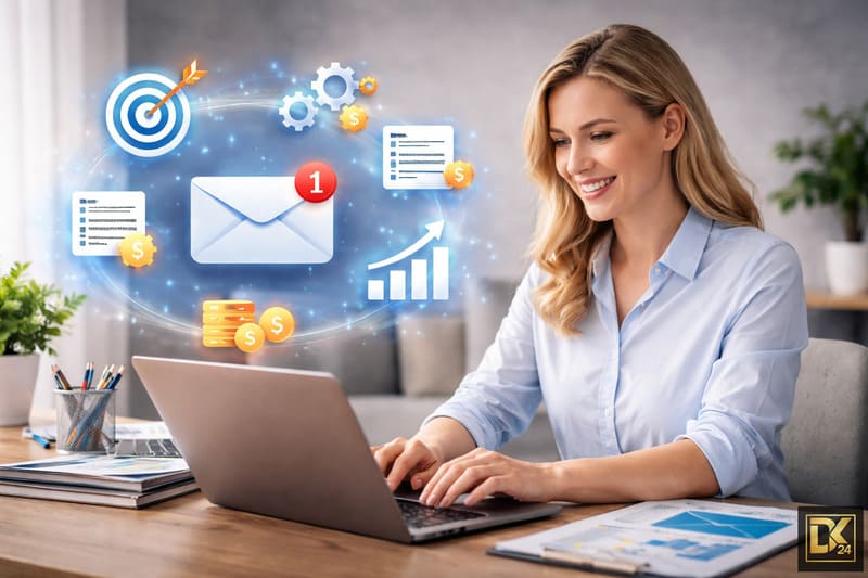 Eine Frau nutzt einen E-Mail-Marketing Kurs, um automatisierte Workflows am Laptop zu erstellen. Über ihr schweben Icons für Briefumschläge, Zahnräder, Zielscheiben und Wachstums-Charts.