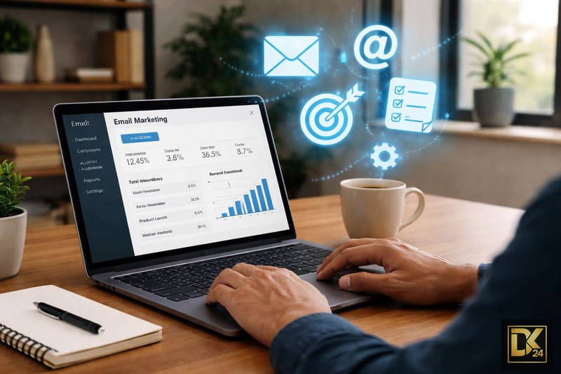 Ein Marketer nutzt E-Mail-Tools am Laptop, um Newsletter-Kampagnen zu steuern. Über dem Bildschirm schweben leuchtende Icons für E-Mails, Zielgruppen-Targeting, Checklisten und Automatisierungs-Zahnräder.
