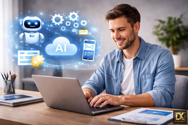 Ein lächelnder Unternehmer arbeitet am Laptop, während schwebende Icons eines KI-Bots, Zahnräder für Automation und eine AI-Cloud den Inhalt eines KI Automation Kurses visualisieren.