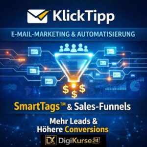 Quadratisches Titelbild zu KlickTipp mit blauem, digitalem Hintergrund, Funnel-Grafik, E-Mail-Icons und dem Schriftzug zu SmartTags™ und Sales-Funnels für automatisierte E-Mail-Marketing-Prozesse.