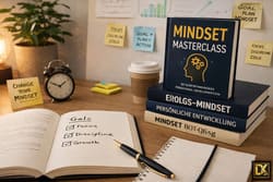 Moderner Arbeitsplatz mit Fokus auf Erfolgs-Mindset: Ein Buchstapel mit Titeln wie Mindset Masterclass und Erfolgs-Mindset neben Planungstools und Post-its für Zielsetzung.