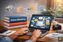 Strukturierter Arbeitsplatz mit Online Marketing Bücher, Laptop und Smartphone. Die leuchtenden Overlays zeigen die wichtigsten Kanäle wie Social Media, SEO und Web-Analyse als Teil eines ganzheitlichen Lernsystems.