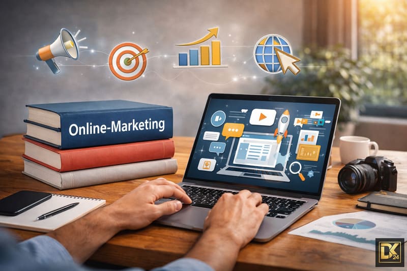 Ein Stapel Online Marketing Bücher liegt auf einem Schreibtisch neben einem Laptop, auf dem ein modernes Marketing-Dashboard zu sehen ist. Schwebende Icons für Reichweite, Zielgruppen-Targeting und globales Wachstum ergänzen die Szenerie.