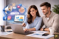 Zwei junge Profis vertiefen ihr Wissen in einem modernen Online Marketing Kurs. Icons für digitale Kommunikation und Daten-Charts symbolisieren die Professionalisierung im Web-Marketing.