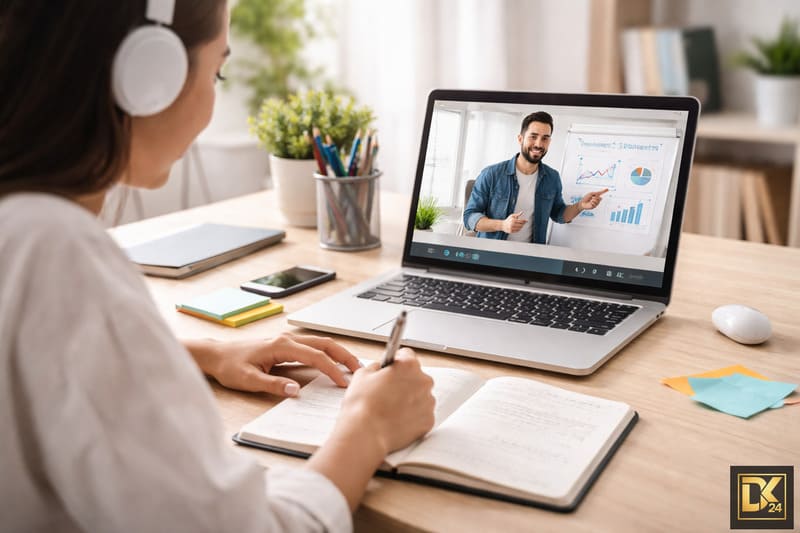 Laptop mit moderner E-Learning Oberfläche und Kursinhalten, Symbol für Onlinekurse und digitale Weiterbildung im Business-Bereich