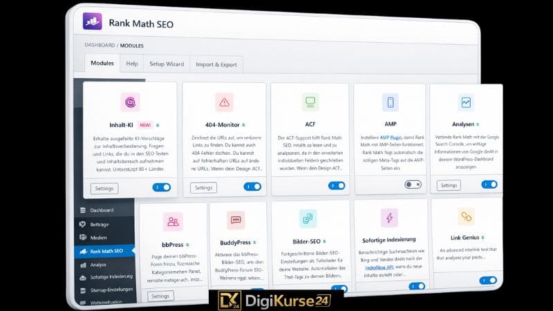Dashboard des WordPress SEO Plugins RankMath mit aktivierten Modulen wie 404 Monitor, Bilder-SEO, Link Genius, Analyse und Indexierung im WordPress Backend.