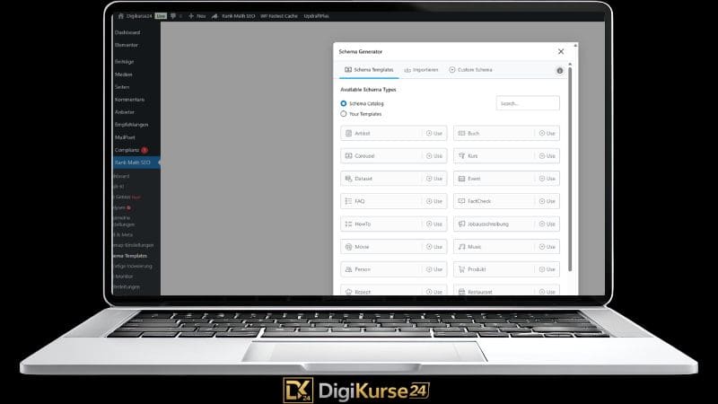 RankMath Schema Generator im WordPress Backend zur Erstellung strukturierter Daten wie Artikel, FAQ, Produkt, Event oder HowTo für bessere Darstellung in den Google Suchergebnissen.