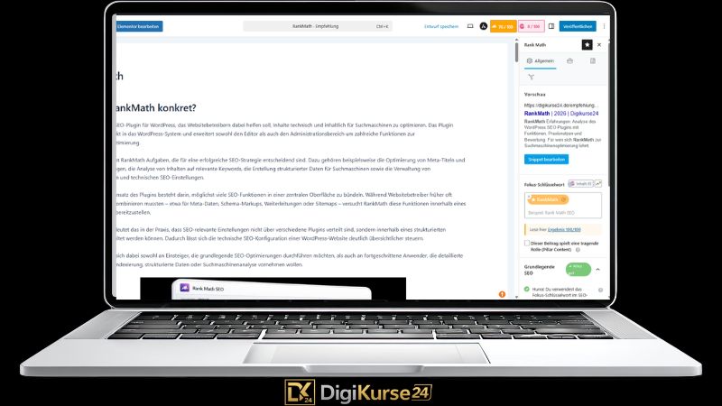 RankMath SEO Analyse im WordPress Editor mit SEO Score und Optimierungstipps im Backend.